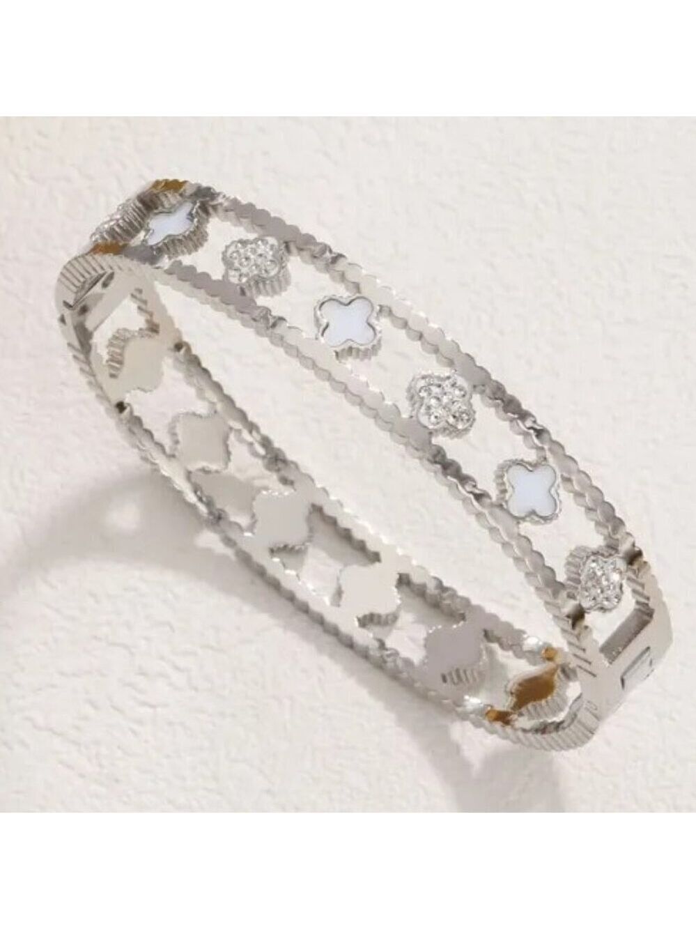 Stainless Steel Silver Tone Clover Bangle, Pearl White, Simulated Diamond